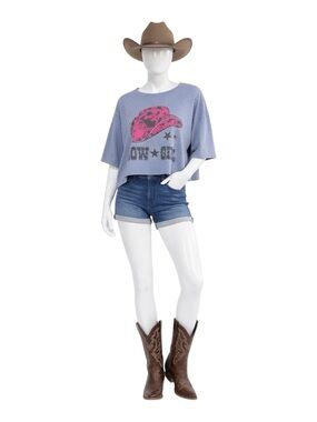 FANTASTIC FAWN Dusty blue rhinestone crop cowgirl tee S M L